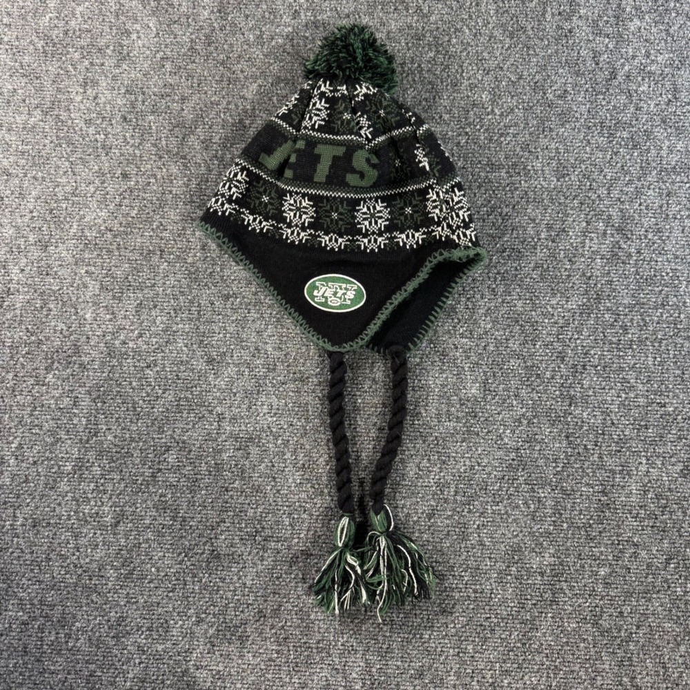NFL Team Apparel New York Jets‎ Youth Beanie Snowflake Knit Pom Hat Black Green